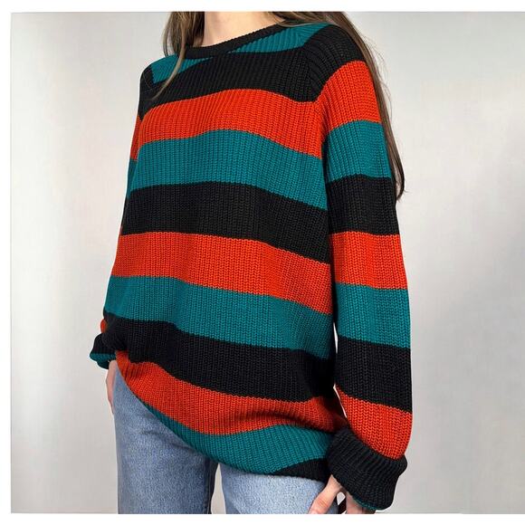 Vintage 80s 90s Striped Sweater Orange Teal Black Oversized Medium Grunge - Picture 1 of 8
